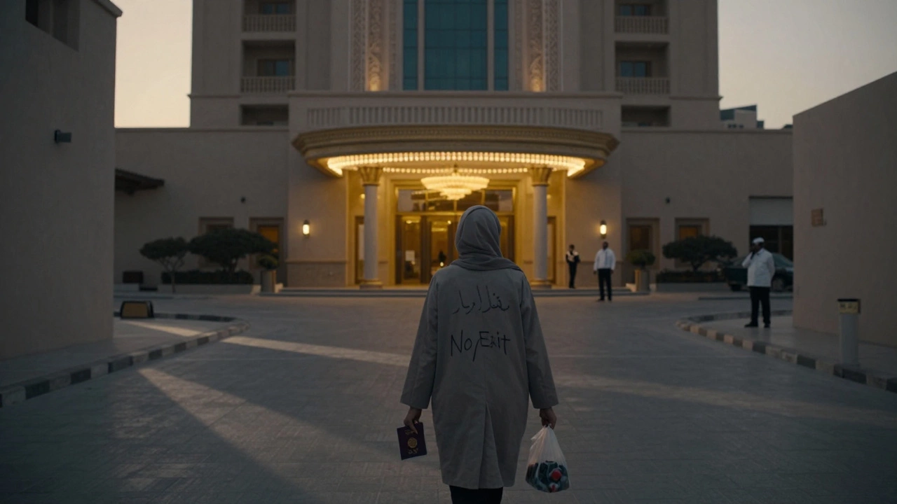 A woman walks alone in a dark alley at dawn, holding her few belongings, as a luxury hotel glows in the distance behind her.