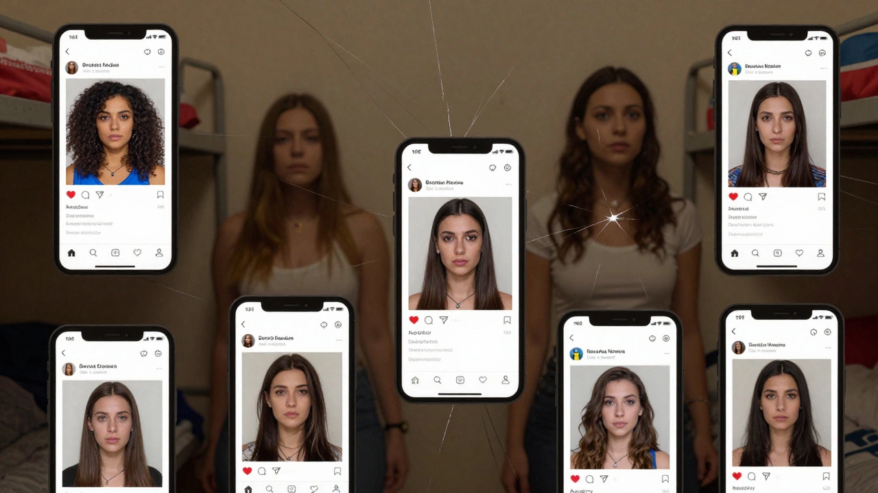 Multiple smartphone screens display fake escort profiles while behind them, real women sit in sparse rooms, highlighting the contrast between illusion and reality.